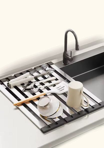 “over the sink drying rack for small kitchens”
“space saving roll up dish drying rack”
“compact dish rack for apartment kitchens”
“no counter space drying rack organizer”
“sink top dish rack silicone roll up design”
“small kitchen drying rack space saver”