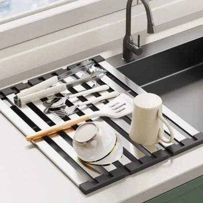 “over the sink drying rack for small kitchens”
“space saving roll up dish drying rack”
“compact dish rack for apartment kitchens”
“no counter space drying rack organizer”
“sink top dish rack silicone roll up design”
“small kitchen drying rack space saver”